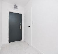 Entrance hallway with gray doors and white walls in a 3-room apartment.