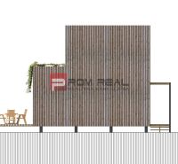 Design of a modern house with wooden cladding for residential plots.