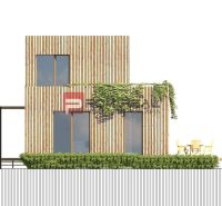 Modern house with vertical cladding and terrace, Land - living.