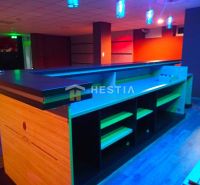 A bar counter in commercial premises with ceiling lighting, wooden and colorful flooring.