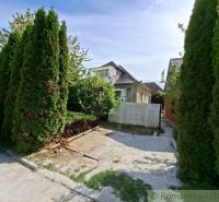 A family house in Orešany surrounded by thuja trees, with a driveway and a wooden fence.