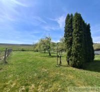 The garden of a family house in Mýtna with a lawn, trees, and a hedge.