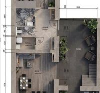 Floor plan of a family house with a kitchen, living room, bedroom, and terrace.