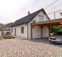 A family house in Sobotište with a sloped roof, terrace, and wooden carport.