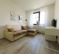 Living room in a three-room apartment with a sofa and a wooden decor floor.