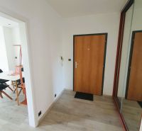 Entrance hall in a 3-room apartment with wood-patterned flooring and a mirrored wardrobe.