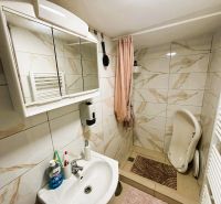 A bathroom in a cabin with a white sink, a mirrored cabinet, and a shower corner.