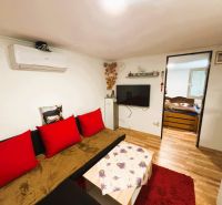 Living room with a sofa, red cushions, TV, and wood-patterned flooring.