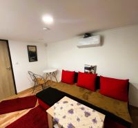 Living room in a cabin with red cushions and a wooden decor floor.