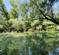 A peaceful body of water with trees reflecting on the surface near a cottage in Gabčíkovo.