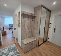 The hallway of a 3-room apartment with a wood-patterned floor and a wardrobe.