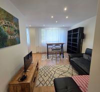 Living room in a 3-room apartment with a black sofa, TV, and wooden decor flooring.