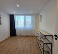 A room with a wooden decor floor and a shelf in a 3-room apartment.
