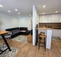 Living room with kitchen in a 3-room apartment, wooden decor flooring, sofa set.