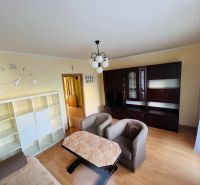 Living room in a 3-room apartment with wooden decor, white and dark cabinet.
