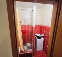A bathroom in a 3-room apartment with a washing machine, shower, and red tiles.