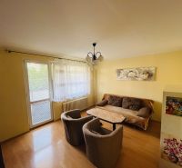 Living room in a 3-room apartment with a wooden decor floor, sofa, and armchairs.