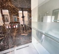 A shower corner in a 3-room apartment with black marble tiles and a glass partition.