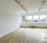 An office with white walls and a wooden decor floor, large windows as a source of light.