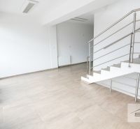 Offices with a staircase, glass wall, and wood-patterned flooring.