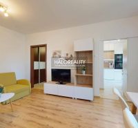 Living room in a 3-room apartment with a wooden decor floor, minimalist furniture, and a television.