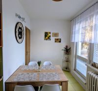 Dining room in a 2-room apartment with a dining table and decorations.