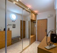 Hallway of a 2-room apartment with a large wardrobe, entrance door, and decorations.