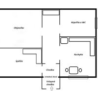 Floor plan of a 2-room apartment with a living room, bedroom, kitchen, bathroom, and hallway.