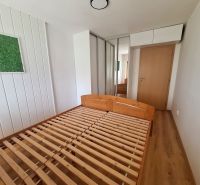 Bedroom in a 2-room apartment with a wooden bed, built-in wardrobe, and wall decoration.