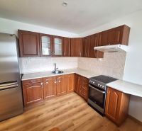 A kitchen in a 2-room apartment with wooden cabinets and kitchen appliances.