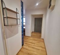 A hallway in a 2-room apartment with a wooden floor and a shelf on the wall.