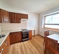 A kitchen in a 2-room apartment with built-in cabinets and a dining table.