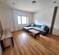 Living room in a 2-room apartment with a sofa, tables, and wooden flooring.