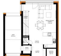 Floor plan of a family house in Skalica with a garage, terrace, and a living room with a dining area.
