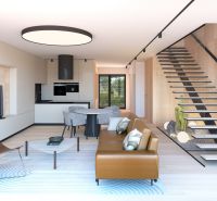 Living room with kitchen, stairs, and wooden decor flooring, Real Estate - housing.