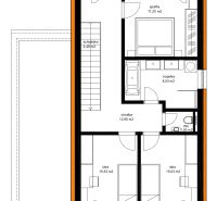 Floor plan of a family house: three rooms, bathroom, toilet, and staircase.