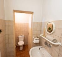 A bathroom in a family house with a sink, mirror, and toilet, tiles with a brown decor.