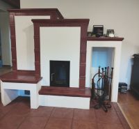 Interior of a family house with a traditional fireplace and tools on a white background.