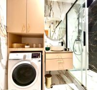 Bathroom in a 3-room apartment with a shower, sink, and washing machine.