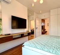 Bedroom in a 3-room apartment with a television and a floor with a wood decor.