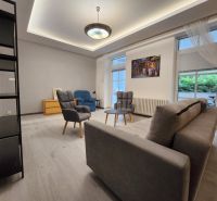 Living room with a gray sofa, wood-patterned floor, and armchairs in a two-room apartment.