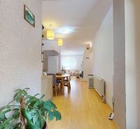 Dining room with wood-patterned flooring and a plant in a family house.