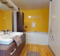 Bathroom with wood-patterned flooring, yellow tiles, and a sink in a family house.