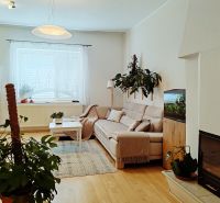 Living room with a sofa, fireplace, houseplants, and an aquarium, floor with wood decor.