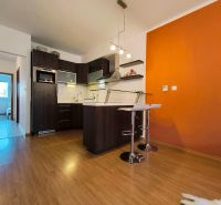 A kitchen in a 2-room apartment with a striking orange wall and a floor with a wood decor.