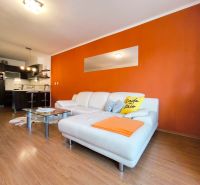 Living room of a two-room apartment with an orange wall, white sofa, and kitchen, floor with wooden decor.