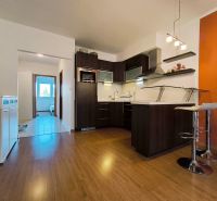 A kitchen in a 2-room apartment with a wooden decor floor and an orange wall.