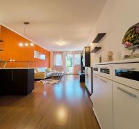 Living area with an open kitchen and a wooden decor floor in a 2-room apartment.