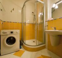 Bathroom in a 2-room apartment with a washing machine, shower corner, and yellow tiles.