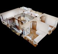 3D floor plan of a 3-room apartment with a wooden decor floor.